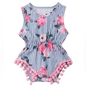Jinxing Floral Sleeveless Striped Romper with Pom-Pom Details